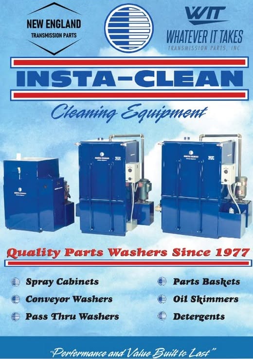 Insta-Clean flyer showing parts washers, parts baskets, oil skimmers and detergents, with NETP and WIT branding